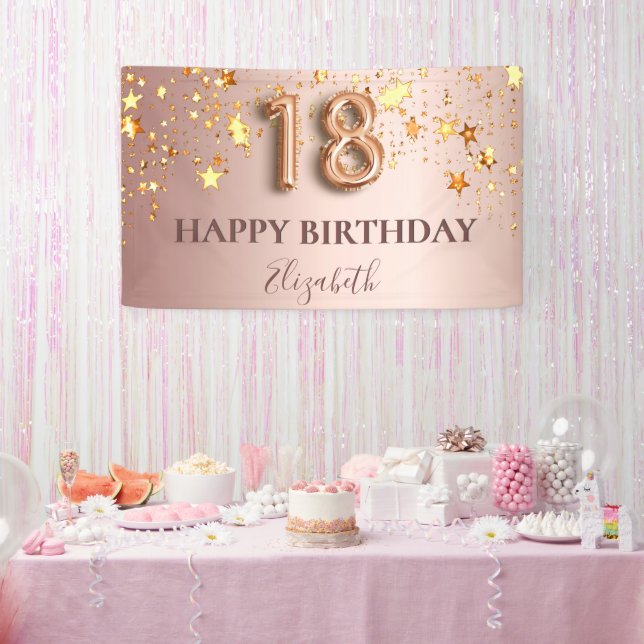 Banderoles 18e anniversaire rose or étoiles script ballon ros (Fête)