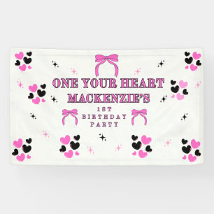 BANDEROLES 1 CŒUR NOIR ROSE 3X5 VINYLE FILLE 1ER ANNIVERSAIRE