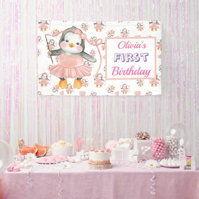 Banderoles 1er anniversaire Ballerina Penguin rose (Fête)