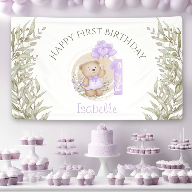 Banderoles 1er anniversaire mignon pourpre Teddy Ours vert (1st Birthday Cute Purple Teddy Bear Greenery Banner)
