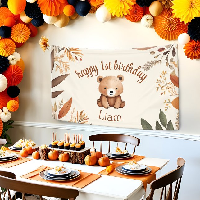 Banderoles 1er anniversaire Petit ours automnal bébé animal d (1st birthday party baby bear wall backdrop with a boho Fall theme)