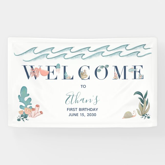 Banderoles 1er Baby Boy Cute Aquarelle Bleu Océan Bienvenue (Horizontal)