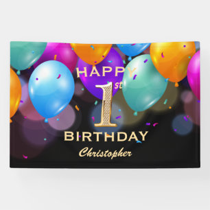 Banderoles 1ère fête d'anniversaire Ballons noirs et or