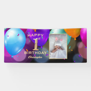 Banderoles 1ère fête d'anniversaire Ballons noirs et or Pho