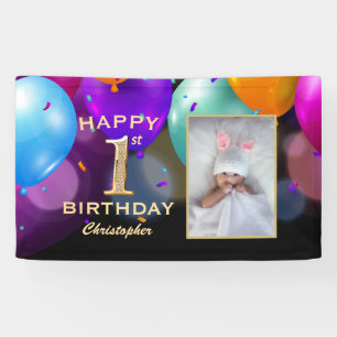 Banderoles 1ère fête d'anniversaire Ballons noirs et or Pho