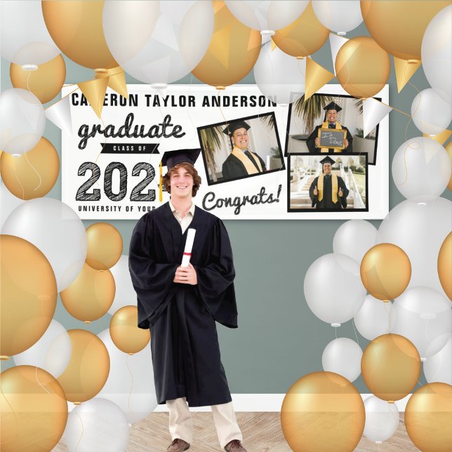 Banderoles 2023 Croquis noir Trois photo Collage Grad Party (2024 White & Black Sketch 3 Photo, Modern Graduation Party Banner @ www.zazzle.com/color_therapy)