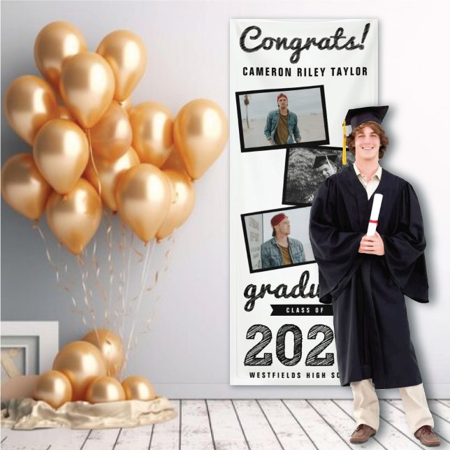 Banderoles 2025 Black Sketch 3 Photo Collage Graduation Party (2024 White & Black Sketch 3 Photo, Modern Graduation Party Banner @ www.zazzle.com/color_therapy)