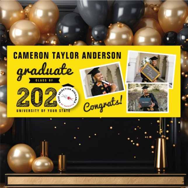 Banderoles 2025 Bold Croquis Trois photo Collage Grad Party (20YY Yellow And Black Sketch, 3 Photo Modern Graduation Party Banner @ www.zazzle.com/color_therapy)