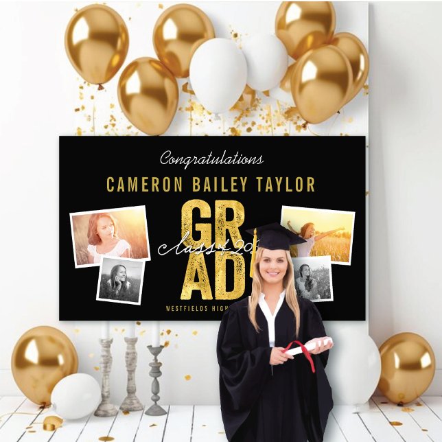 Banderoles 2025 Bold Gold Foil GRAD 4 Photo Graduation Party (Class Of 2024 Modern Bold Golden GRAD 4 Photo Graduation Party Banner @ www.zazzle.com/color_therapy)