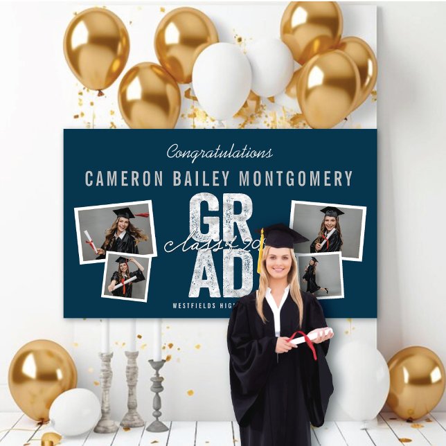 Banderoles 2025 Bold Silver GRAD 4 Photo Graduation Party (Class Of 2024 Modern Bold Silver GRAD 4 Photo Graduation Party Banner @ www.zazzle.com/color_therapy)