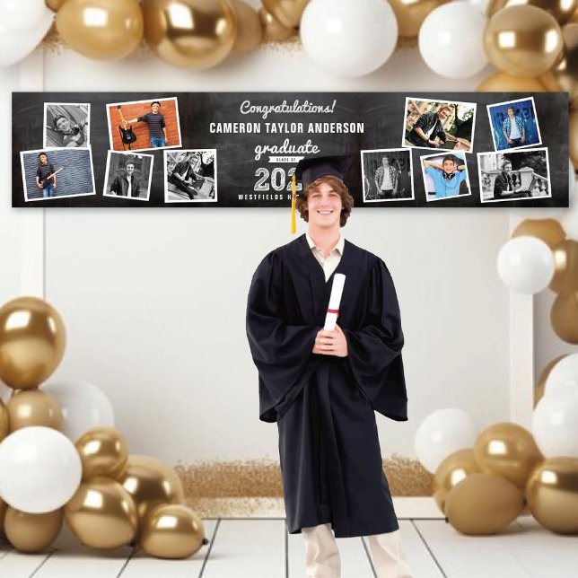 Banderoles 2025 Croquis de tableau noir 10 Photo Graduation P (2024 Black Chalkboard & White Sketch 10 Photo Graduation Party Banner @ www.zazzle.com/color_therapy)