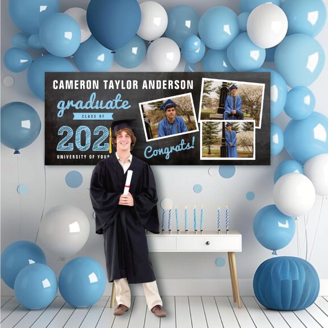 Banderoles 2025 Croquis de tableau noir 3 photo Collage Grad  (2024 Black Chalkboard & Blue Sketch 3 Photo Graduation Party Banner @ www.zazzle.com/color_therapy)