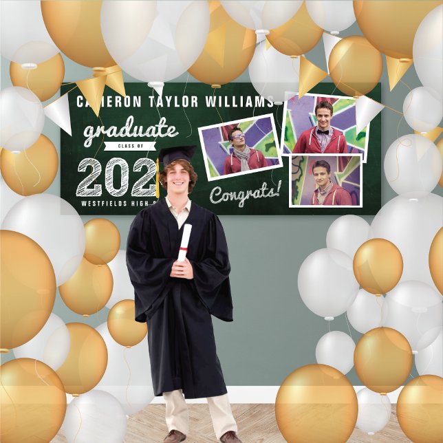 Banderoles 2025 Croquis de tableau noir 3 Photo Graduation Pa (2024 Green Chalkboard & White Sketch 3 Photo Graduation Party Banner @ www.zazzle.com/color_therapy)