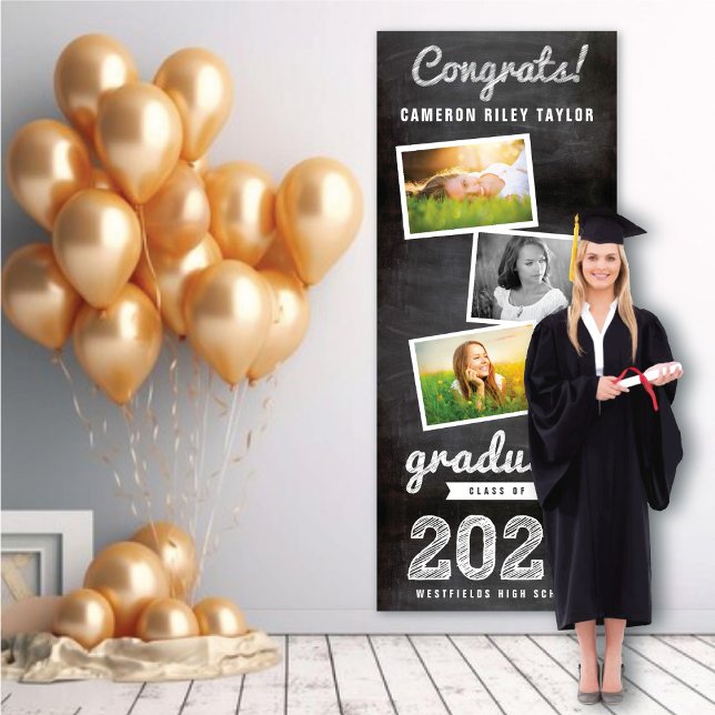 Banderoles 2025 Croquis de tableau noir 3 Photo Graduation Pa (2024 Black Chalkboard & White Sketch 3 Photo Graduation Party Banner @ www.zazzle.com/color_therapy)