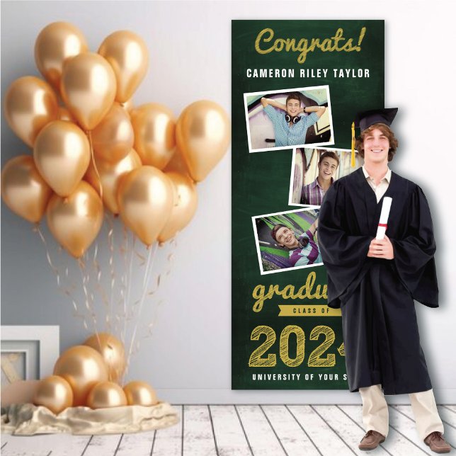 Banderoles 2025 Croquis de tableau noir 3 Photo Graduation Pa (2024 Green Chalkboard & Gold Sketch 3 Photo Graduation Party Banner @ www.zazzle.com/color_therapy)