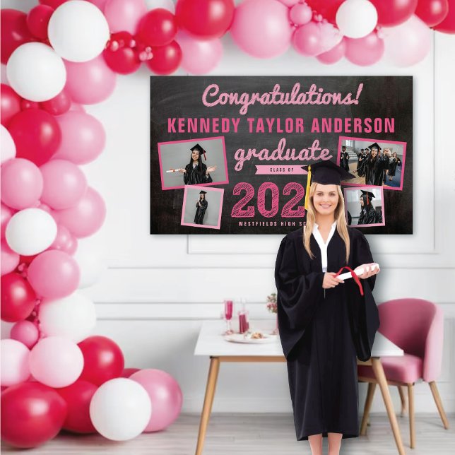 Banderoles 2025 Croquis de tableau noir 4 Photo Graduation Pa (2024 Black Chalkboard Fuchsia Sketch 4 Photo Graduation Party Banner @ www.zazzle.com/color_therapy)