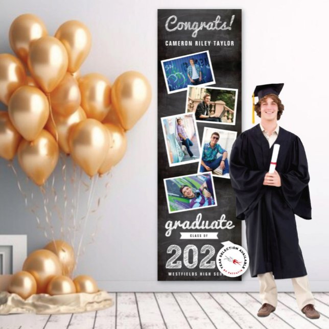 Banderoles 2025 Croquis de tableau noir 5 Photo Graduation Pa (20YY Black Chalkboard & White Sketch, 5 Photo Graduation Party Banner @ www.zazzle.com/color_therapy)