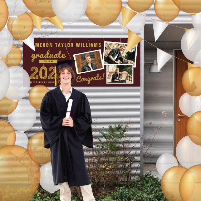 Banderoles 2025 Gold Graduate Sketch 3 Photo Graduation Party (2024 Maroon Red & Gold Sketch 3 Photo Modern Graduation Party Banner @ www.zazzle.com/color_therapy)