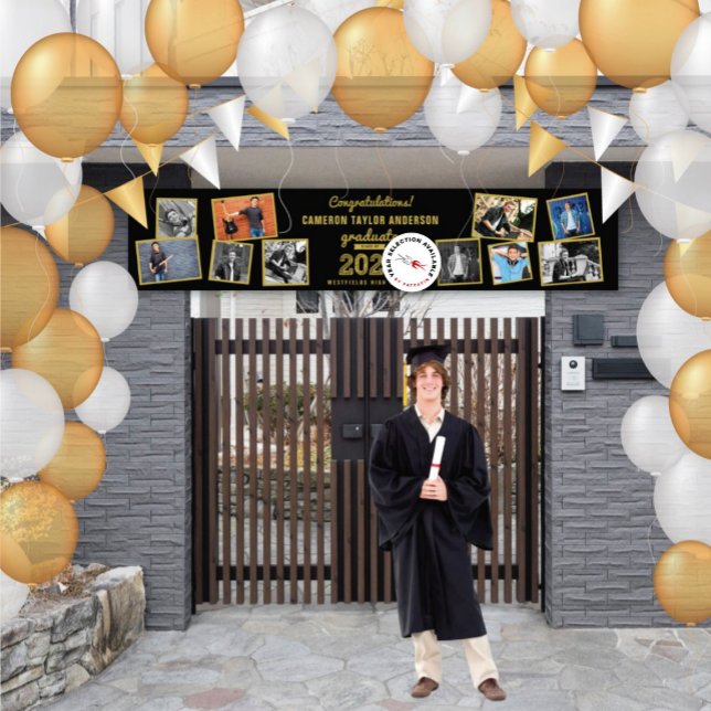Banderoles 2025 Gold Sketch 10 Photo Collage Graduation Party (20YY Black And Gold Sketch 10 Photo Modern Graduation Party Banner @ www.zazzle.com/color_therapy)