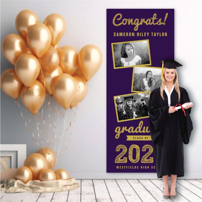 Banderoles 2025 Gold Sketch 3 Photo Collage Graduation Party (2024 Purple & Gold Sketch 3 Photo Modern Graduation Party Banner @ www.zazzle.com/color_therapy)