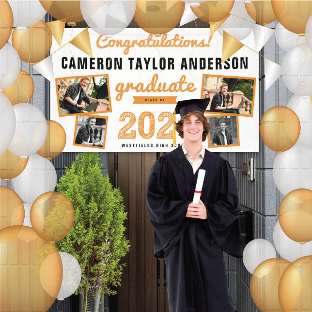 Banderoles 2025 Graduate Bold Croquis 4 Photo Graduation Part (2024 White & Orange Sketch 4 Photo Modern Graduation Party Banner @ www.zazzle.com/color_therapy)