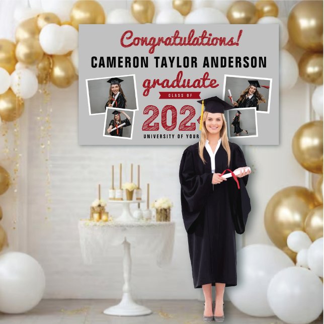 Banderoles 2025 Graduate Bold Croquis 4 Photo Graduation Part (2024 Light Grey & Red Sketch 4 Photo Modern Graduation Party Banner @ www.zazzle.com/color_therapy)