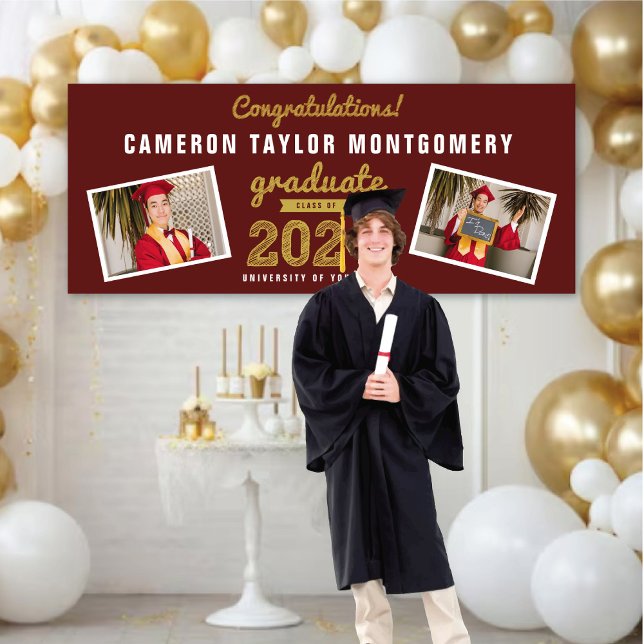 Banderoles 2025 Graduate Bold Sketch 2 Photo Graduation Party (2024 Burgundy Red & Gold Sketch 3 Photo, Graduation Party Banner @ www.zazzle.com/color_therapy)
