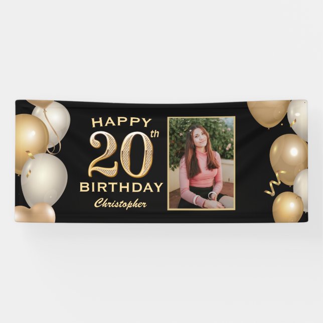 Banderoles 20e anniversaire de la fête Black and Gold Balloon (Horizontal)