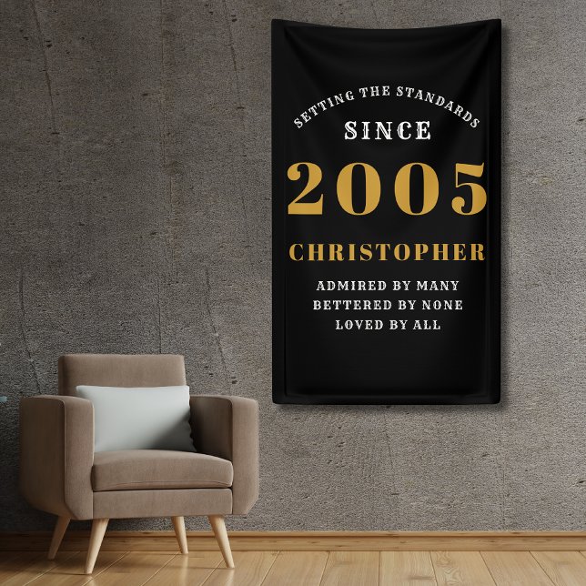 Banderoles 20e Anniversaire Né 2005 Ajouter Nom Noir Or (20th birthday wall banner in black and gold. Personalize with year and name.)