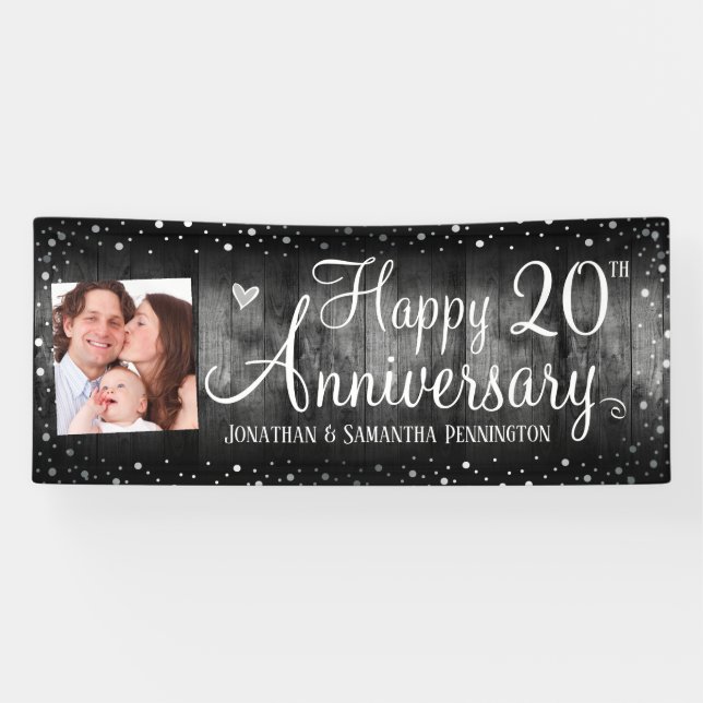 Banderoles 20e Anniversaire Rustic Bois Photo Argent Confetti (Horizontal)
