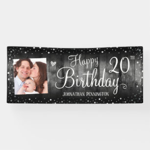 Banderoles 20e anniversaire Rustic Wood Photo Argent Confetti