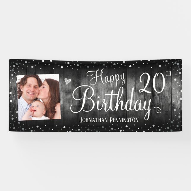 Banderoles 20e anniversaire Rustic Wood Photo Argent Confetti (Horizontal)