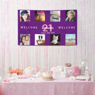 Banderoles 21e anniversaire fête photo collage fille violet