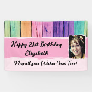 Banderoles 21e anniversaire licorne couleurs nom photo rose