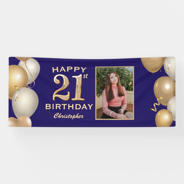 Banderoles 21e Anniversaire Marine Bleu et Ballons d'or (Horizontal)