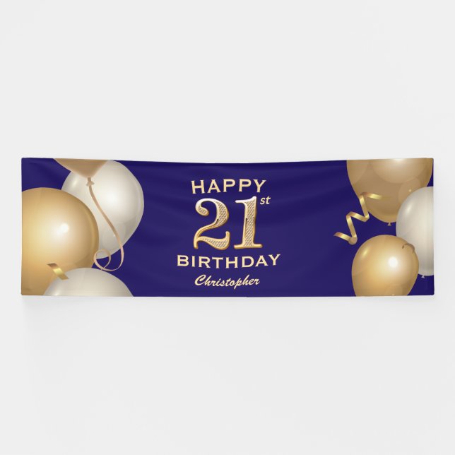 Banderoles 21e Anniversaire Marine Bleu et Ballons d'or (Horizontal)