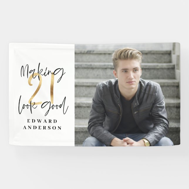 Banderoles 21e anniversaire moderne noir et or photo collage (Horizontal)