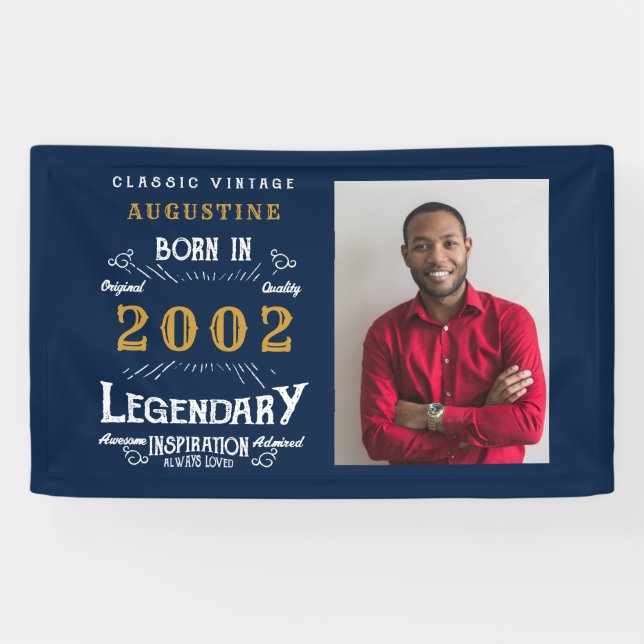 Banderoles 21e Anniversaire Né 2002 Legend Blue Gold Photo (Horizontal)