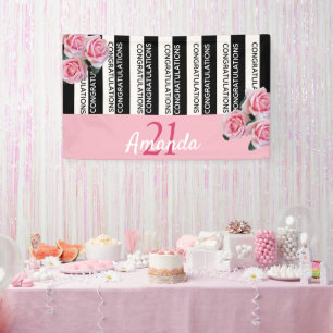 Banderoles 21e anniversaire noir blanc rayures rose florales