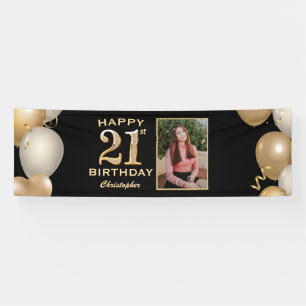 Banderoles 21e Anniversaire Noir et Or Ballons Photo