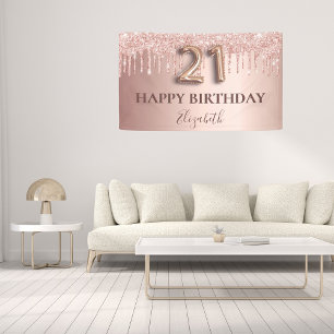 Banderoles 21e anniversaire rose gouttes de parties scintilla