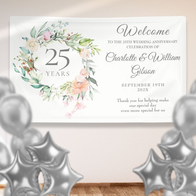Banderoles 25e anniversaire d'argent Rose Floral Bienvenue (25th Silver Anniversary Roses Floral Welcome Banner)