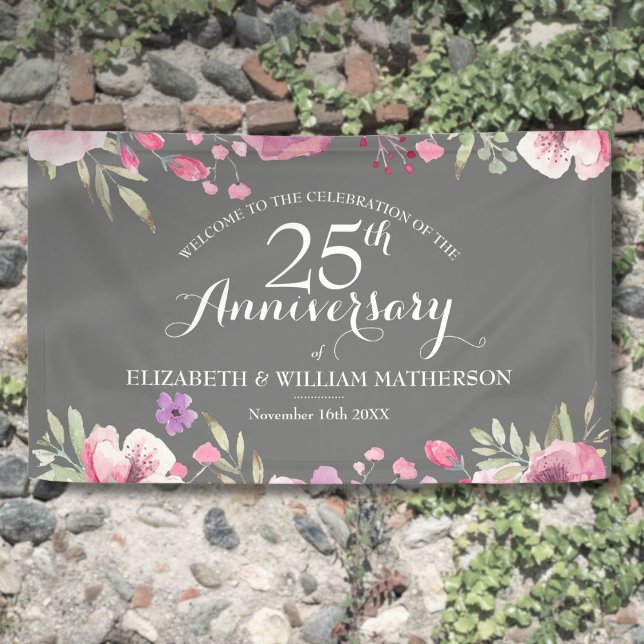 Banderoles 25e Anniversaire de Mariage Aquarelle Roses Bienve (25th Wedding Anniversary Watercolor Roses Welcome Banner)