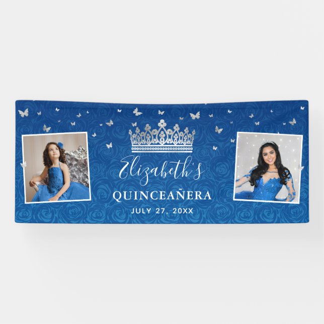 Banderoles 2 Photo Anniversaire Argent et Bleu Royal Quincean (Horizontal)