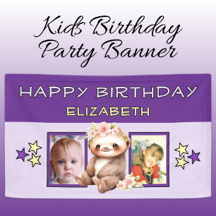 Banderoles 2 photos paresseux anniversaire nom enfants violet