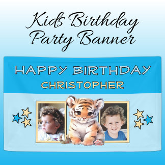 Banderoles 2 photos tiger birthday name kids blue party