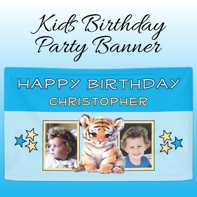Banderoles 2 photos tiger birthday name kids blue party (Créateur téléchargé)