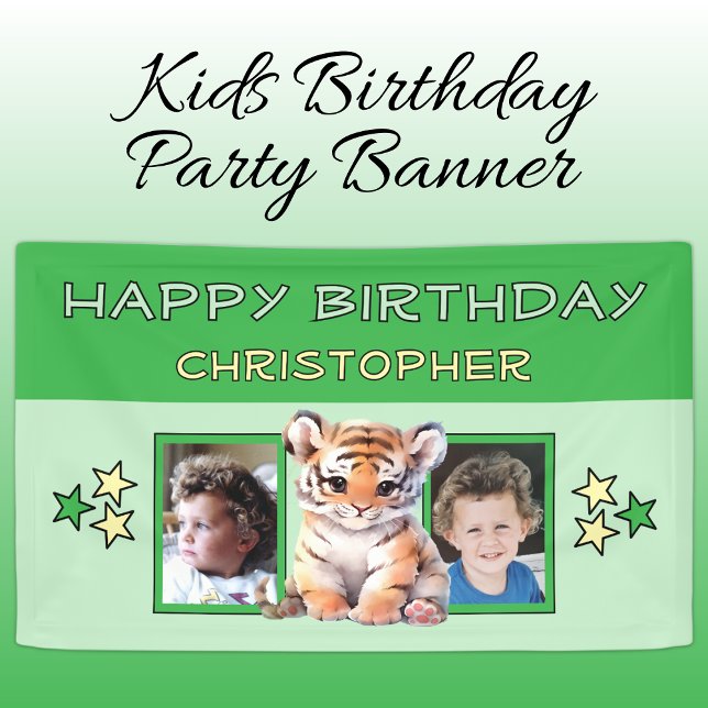 Banderoles 2 photos tiger birthday name kids green party (Créateur téléchargé)