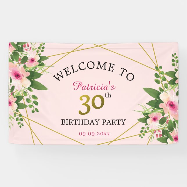 Banderoles 30e anniversaire Fête rose Florale Bienvenue (Horizontal)