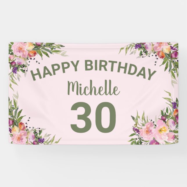 Banderoles 30e Anniversaire Fleurs Aquarelle Rose Violet (Horizontal)